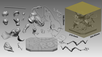 Zenitsu Demon Slayer 1:7 scale collectible figure parts layout showing modular body sections, head and hair pieces, sword, lightning effects, base segments, and full assembly scale reference