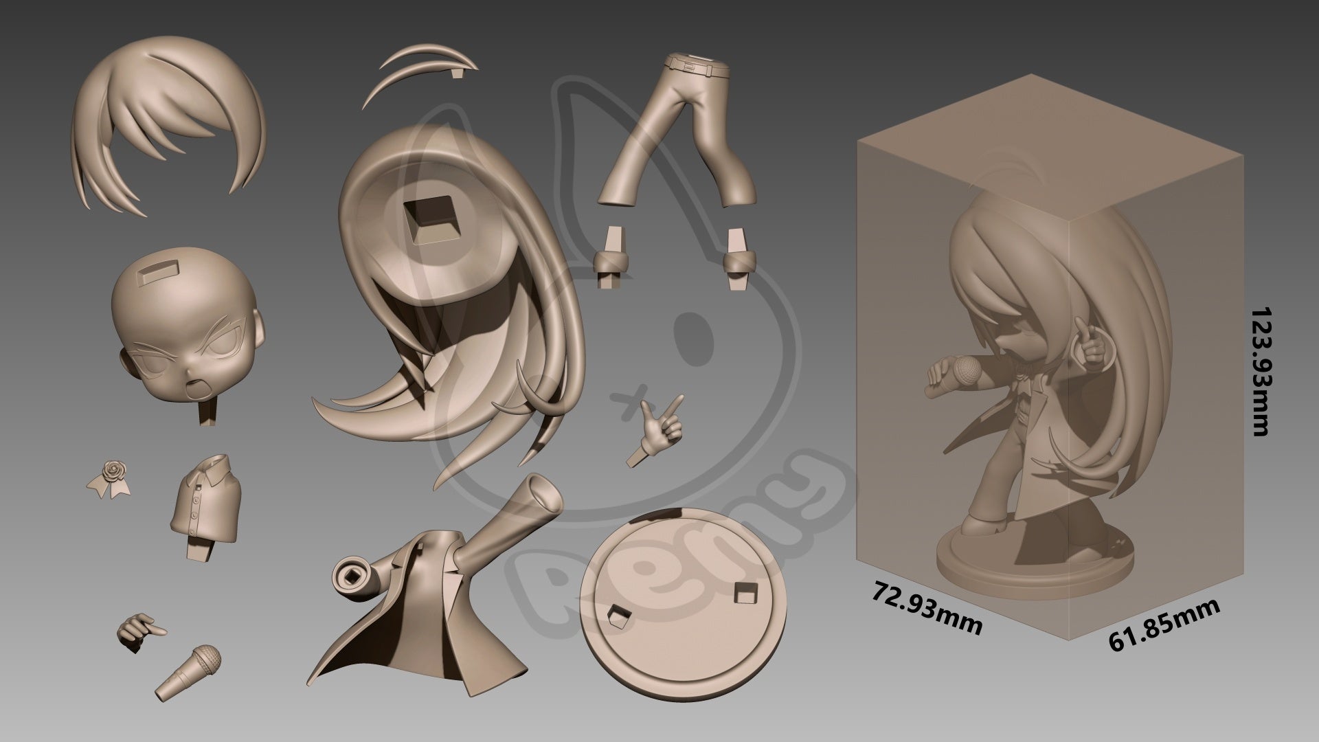 Chibi Ado collectible figure parts layout showing head, hair segments, arms, microphone, torso, legs, and round base components