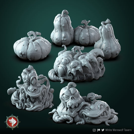 Group of pumpkin and gourd miniatures with mix of regular and mimic designs for tabletop gaming.