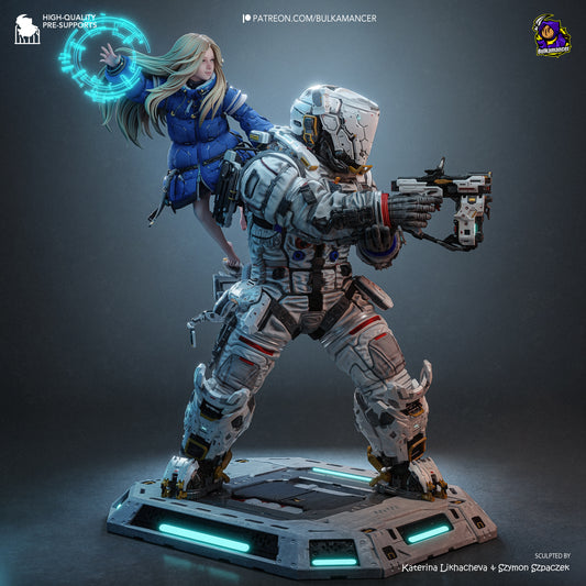 Pragmata Diana and Hugh 1:8 scale resin diorama painted render with holographic ring astronaut armor and sci fi base