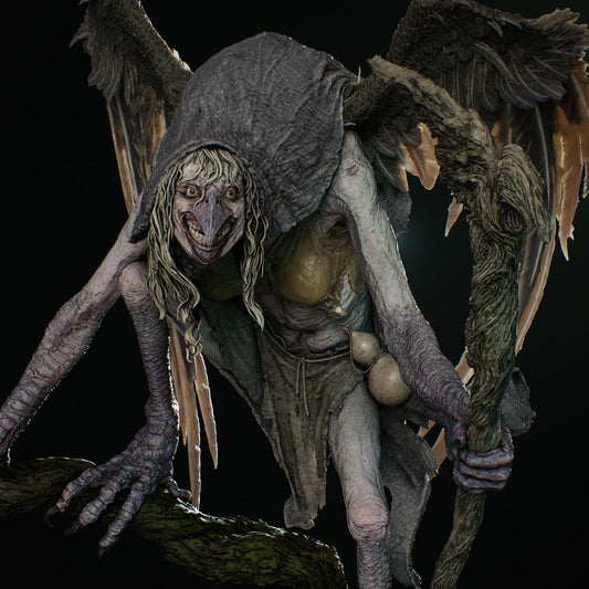 Front close-up of Matinta Pereira’s face showing sharp features, twisted smile, and decaying wings.