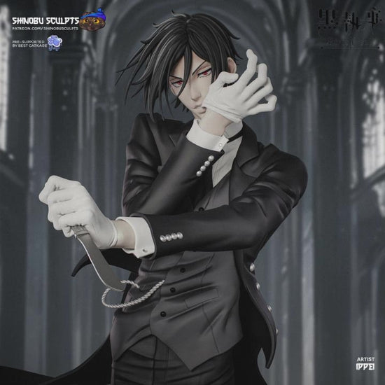 Turntable video of Sebastian Michaelis Black Butler 1:8 scale collectible figure with dynamic pose and flowing coat.