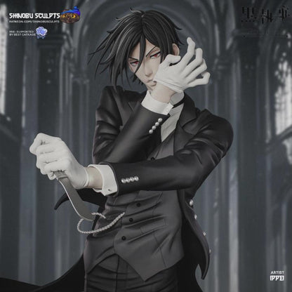 Turntable video of Sebastian Michaelis Black Butler 1:8 scale collectible figure with dynamic pose and flowing coat.