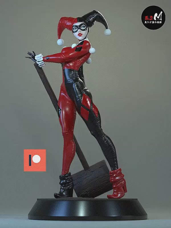 Close-up view of painted Harley Quinn from the side, showing detailed mask and glossy red and black outfit.