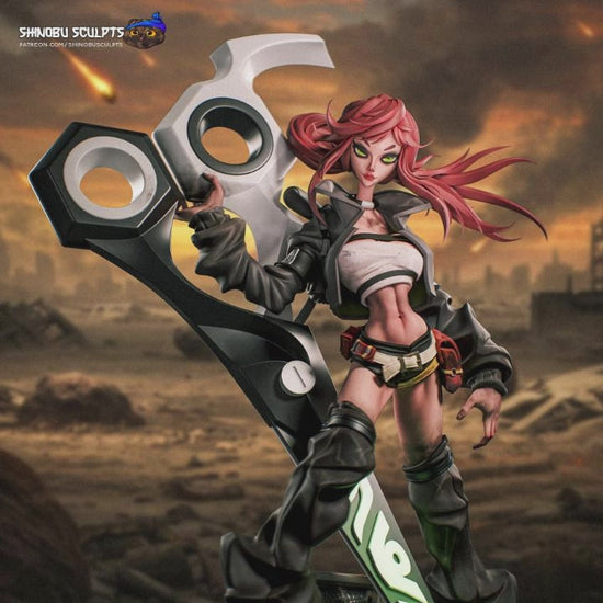 Painted render of Riyo Reaper from Gachiakuta 1:8 scale collectible, wielding oversized scissor blade and posed in battle stance.