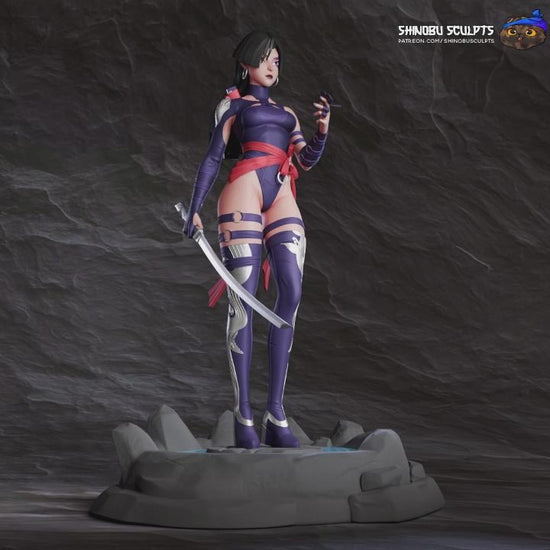 Psylocke Marvel Rivals 1:8 scale figure close-up render showing her detailed bodysuit, red sash, and butterfly-shaped psychic energy effect.
