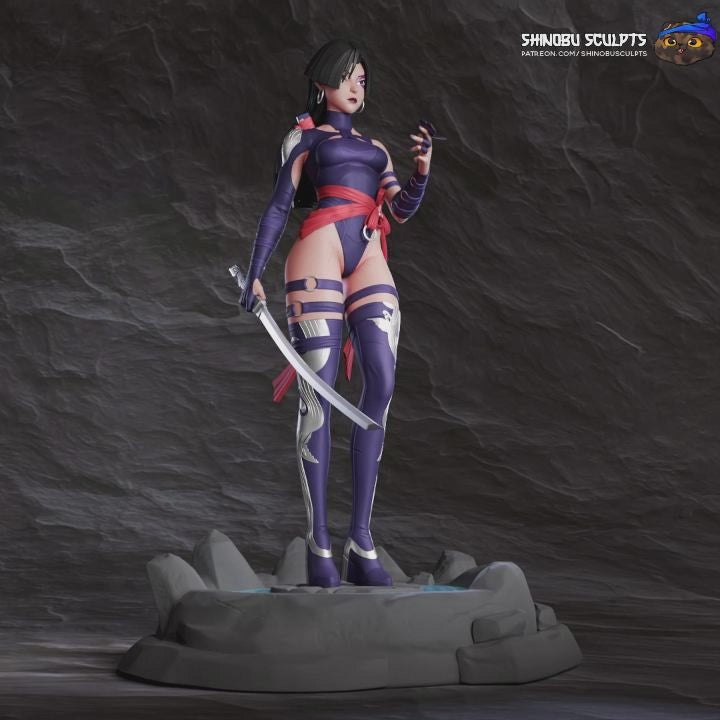 Psylocke Marvel Rivals 1:8 scale figure close-up render showing her detailed bodysuit, red sash, and butterfly-shaped psychic energy effect.