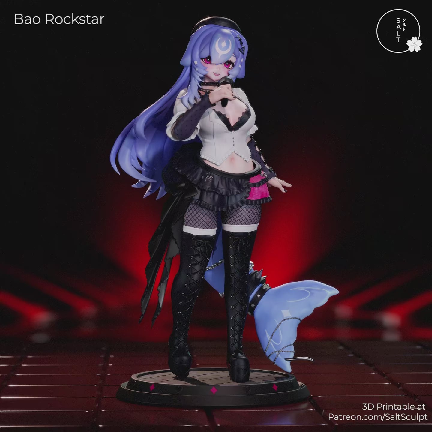 bao rockstar vtuber figure gray resin front render standing pose microphone corset layered skirt fishnet detail whale tail base