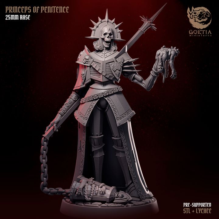 Princeps of Penitence undead knight resin tabletop miniature holding chained flail and severed corpse with skull helm gothic armor grimdark Dungeons and Dragons Mork Borg Shadowdark miniature