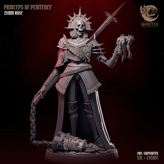 Princeps of Penitence undead knight resin tabletop miniature holding chained flail and severed corpse with skull helm gothic armor grimdark Dungeons and Dragons Mork Borg Shadowdark miniature