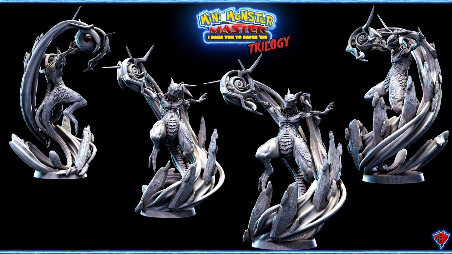 Psychic Mewtwo miniature from the Mini Monster Master Trilogy with a powerful stance, featuring armored scales and psychic energy effects swirling around the figure.