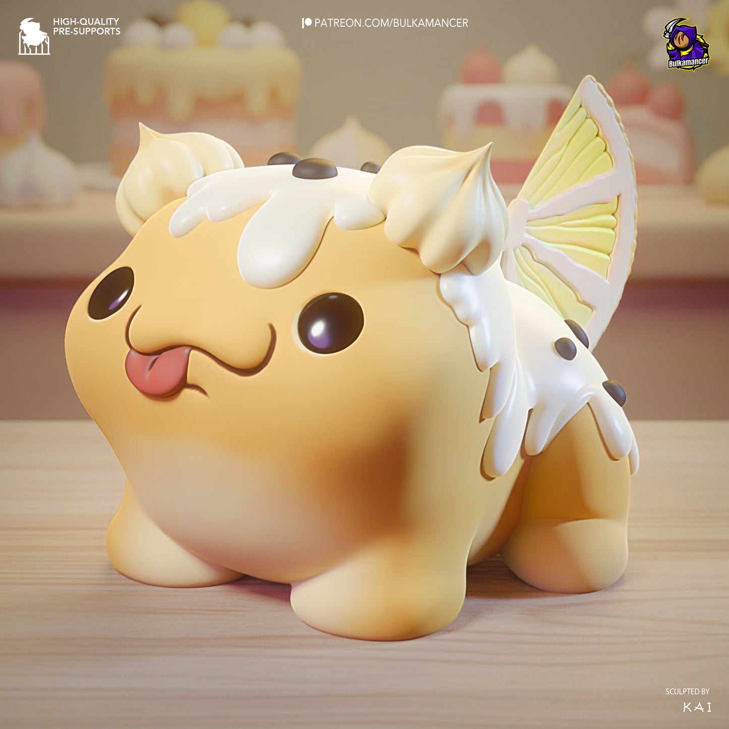chibi bulkamancer mascot puff unbreadable collectible statue front view rounded body frosting details citrus slice tail dessert creature