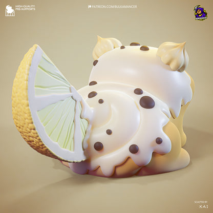 chibi bulkamancer mascot puff collectible statue rear view citrus slice tail frosting texture chocolate chip details