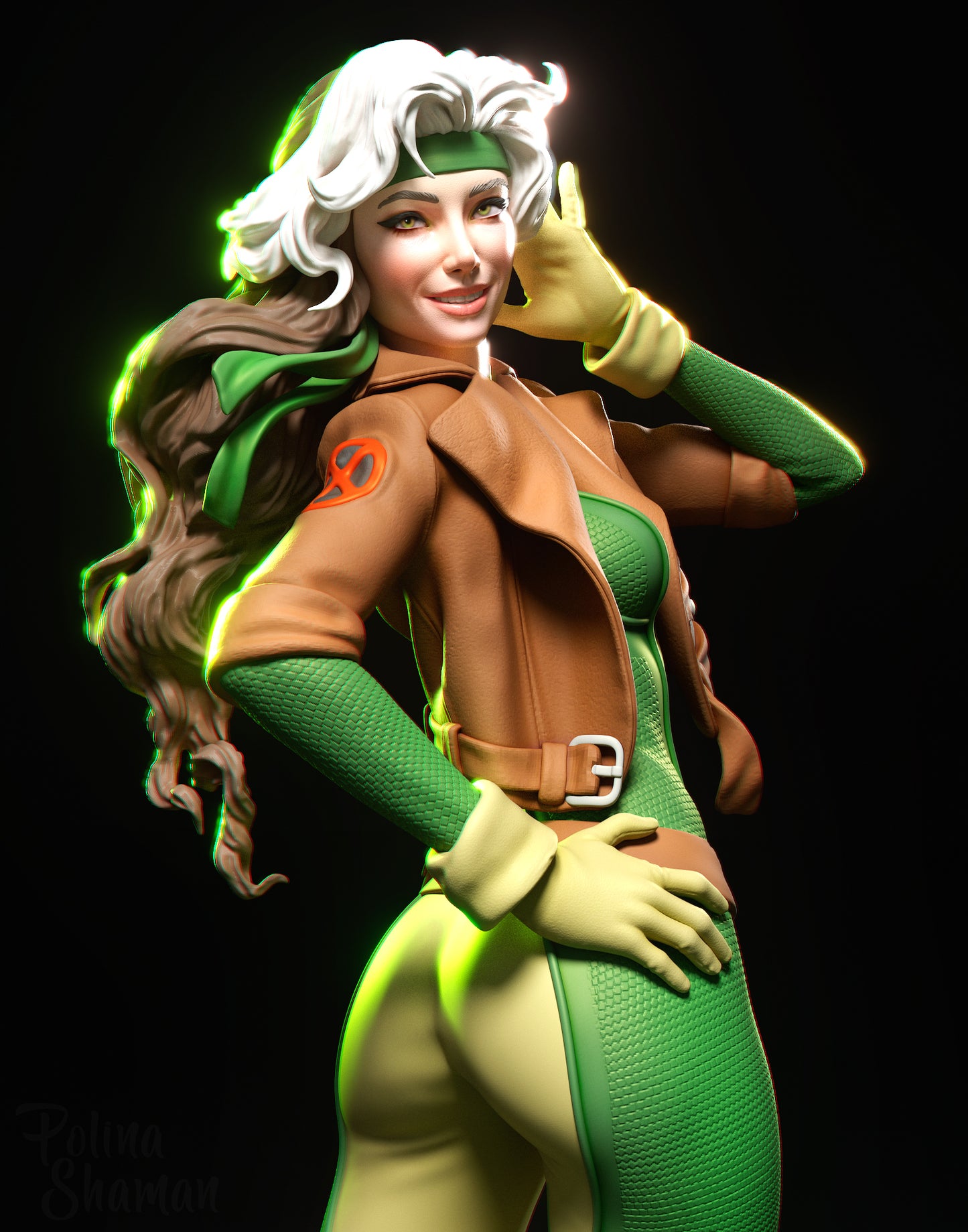Fully painted close-up of Rogue’s upper body with green-yellow bodysuit, brown jacket, and glowing green edge lighting.