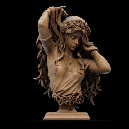 Bust of Aphrodite historical figurine depicting her serene expression and flowing hair, crowned with flowers.