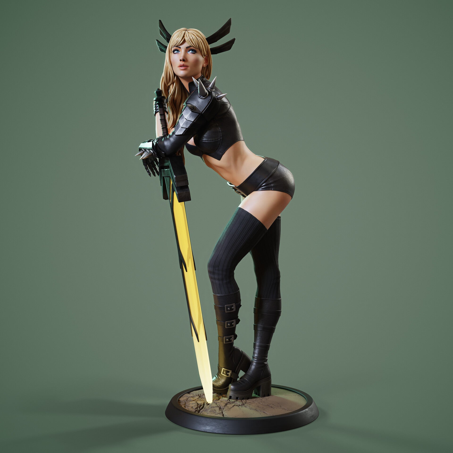 Front view of painted Magik in battle-ready stance, leaning on her sword, with stylized black outfit, blonde hair, and base resembling scorched terrain.