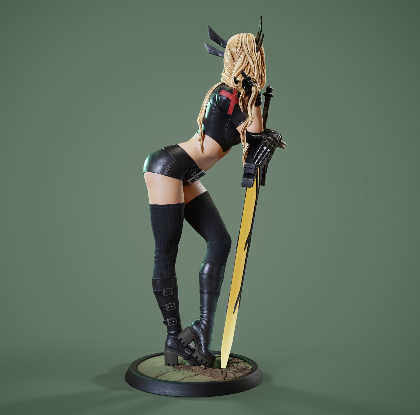 Side view of painted Magik figure with blonde hair, spiked gauntlet, black short top and shorts, holding a glowing yellow sword planted in cracked earth.