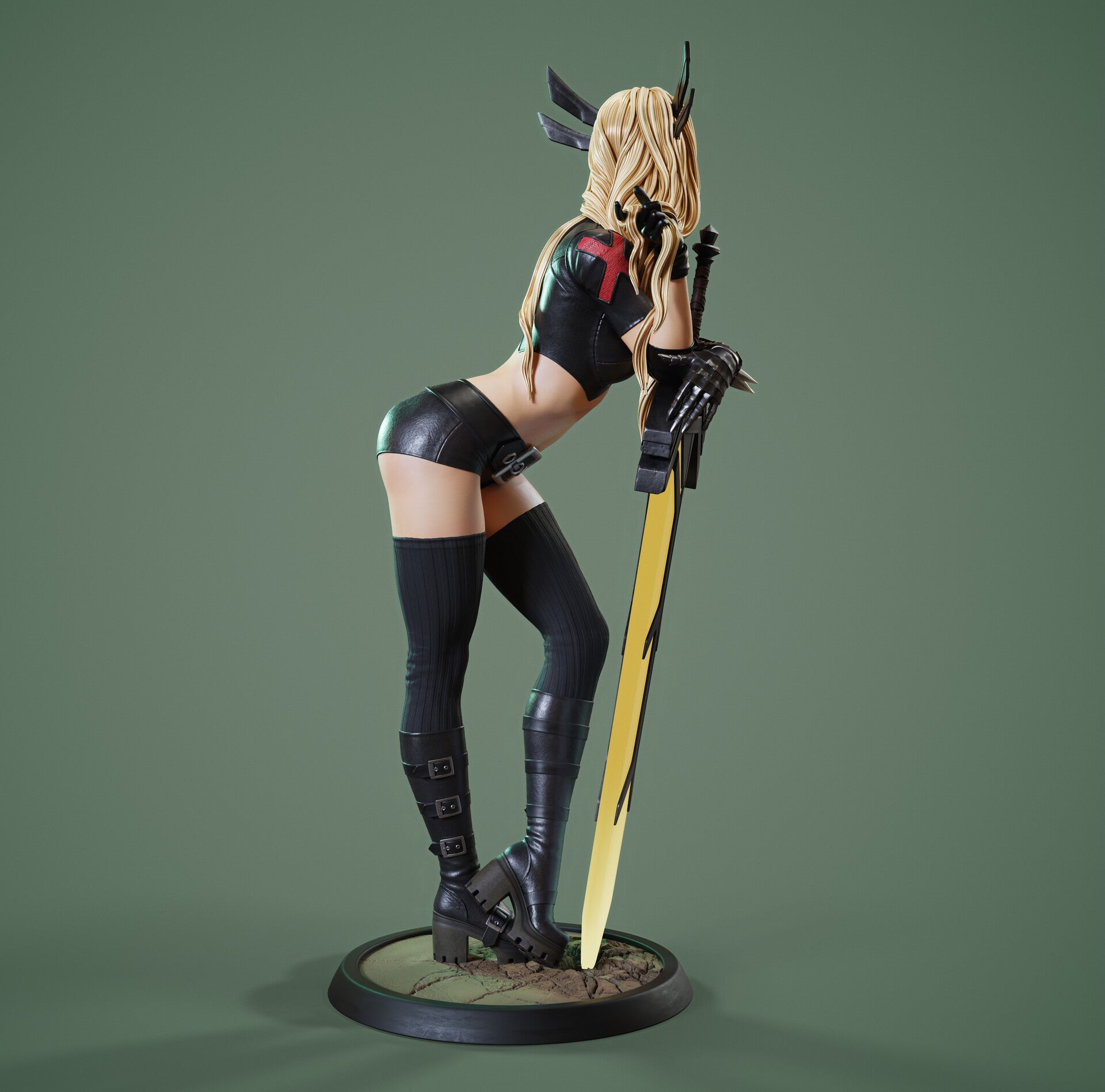 Side view of painted Magik figure with blonde hair, spiked gauntlet, black short top and shorts, holding a glowing yellow sword planted in cracked earth.
