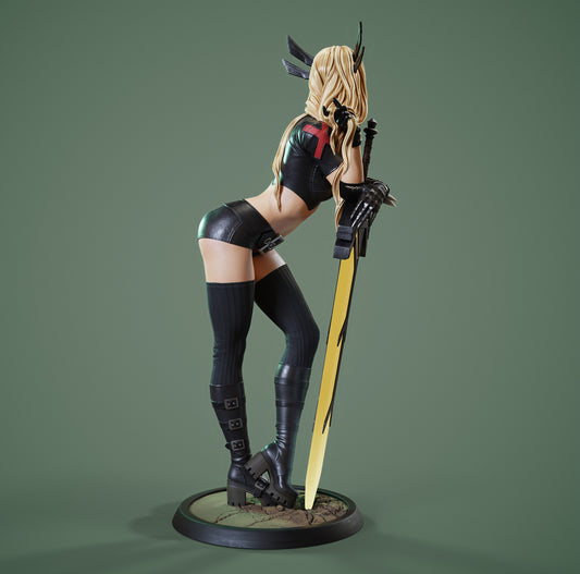 Side view of painted Magik figure with blonde hair, spiked gauntlet, black short top and shorts, holding a glowing yellow sword planted in cracked earth.