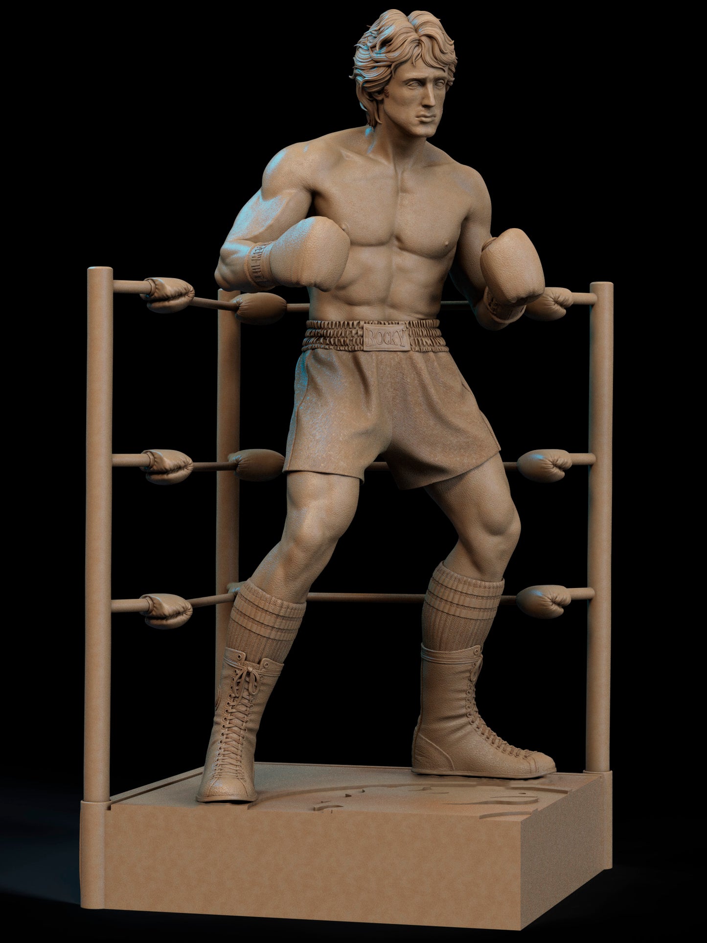 Rocky Balboa clay render side view highlighting gloves, boots, and detailed anatomy.