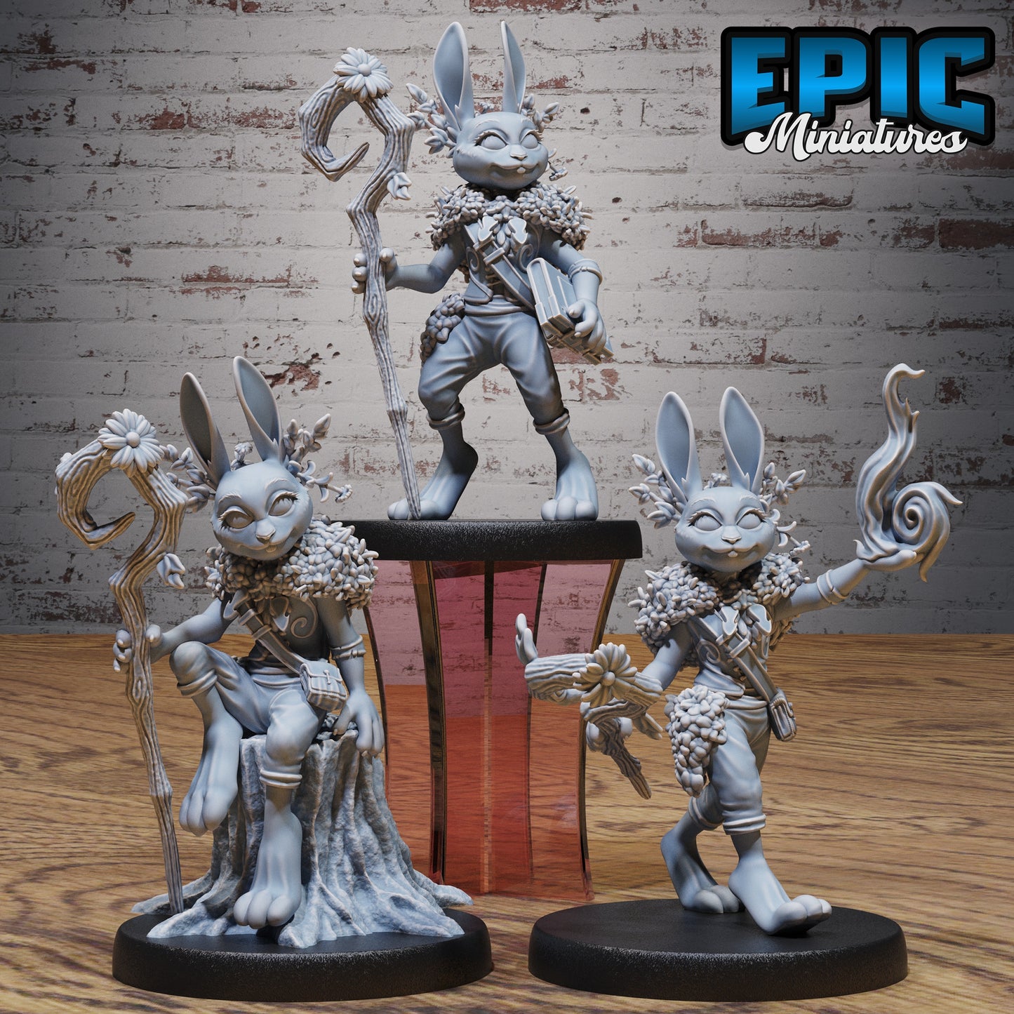 rabbit folk druid resin tabletop miniature harengon spellcaster with wooden staff forest guardian poses dungeons and dragons medium character