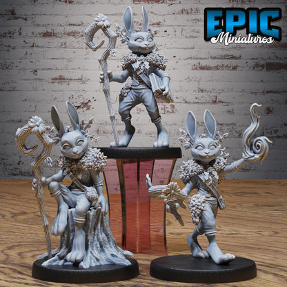 rabbit folk druid resin tabletop miniature harengon spellcaster with wooden staff forest guardian poses dungeons and dragons medium character