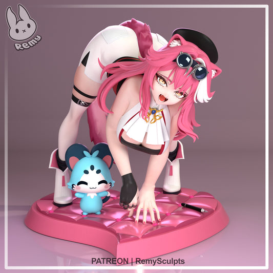 Raora Panthera Hololive 1:7 scale figure crouched forward on heart-shaped base with goggles, expressive open mouth face, and chibi companion figure