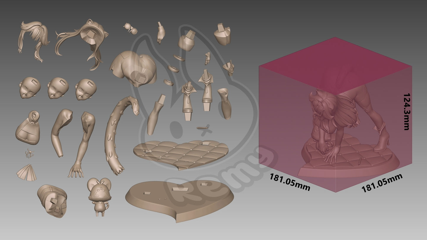 Raora Panthera Hololive figure parts layout showing modular head options, arms, tail, base components, accessories, and assembly breakdown
