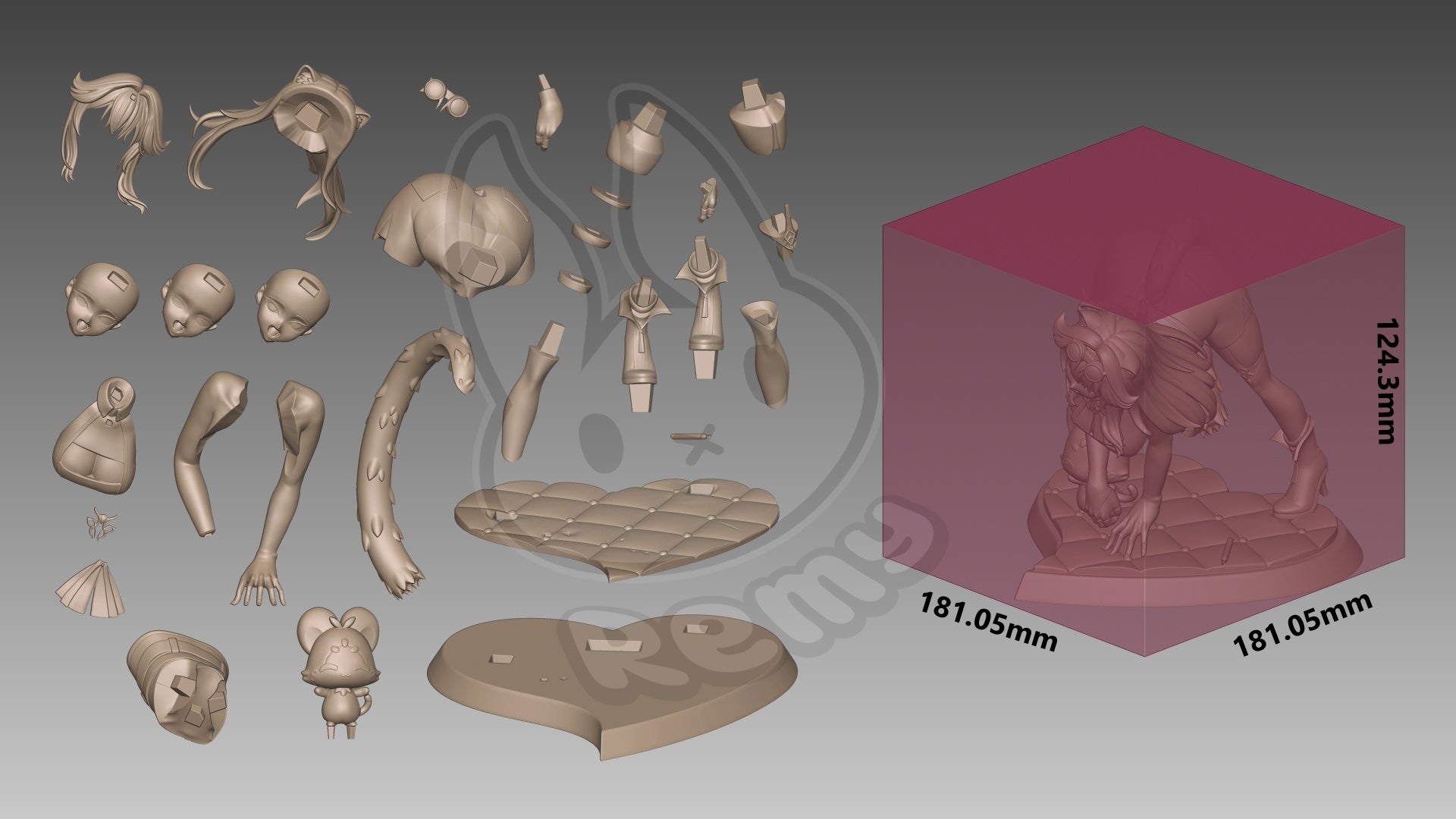 Raora Panthera Hololive figure parts layout showing modular head options, arms, tail, base components, accessories, and assembly breakdown