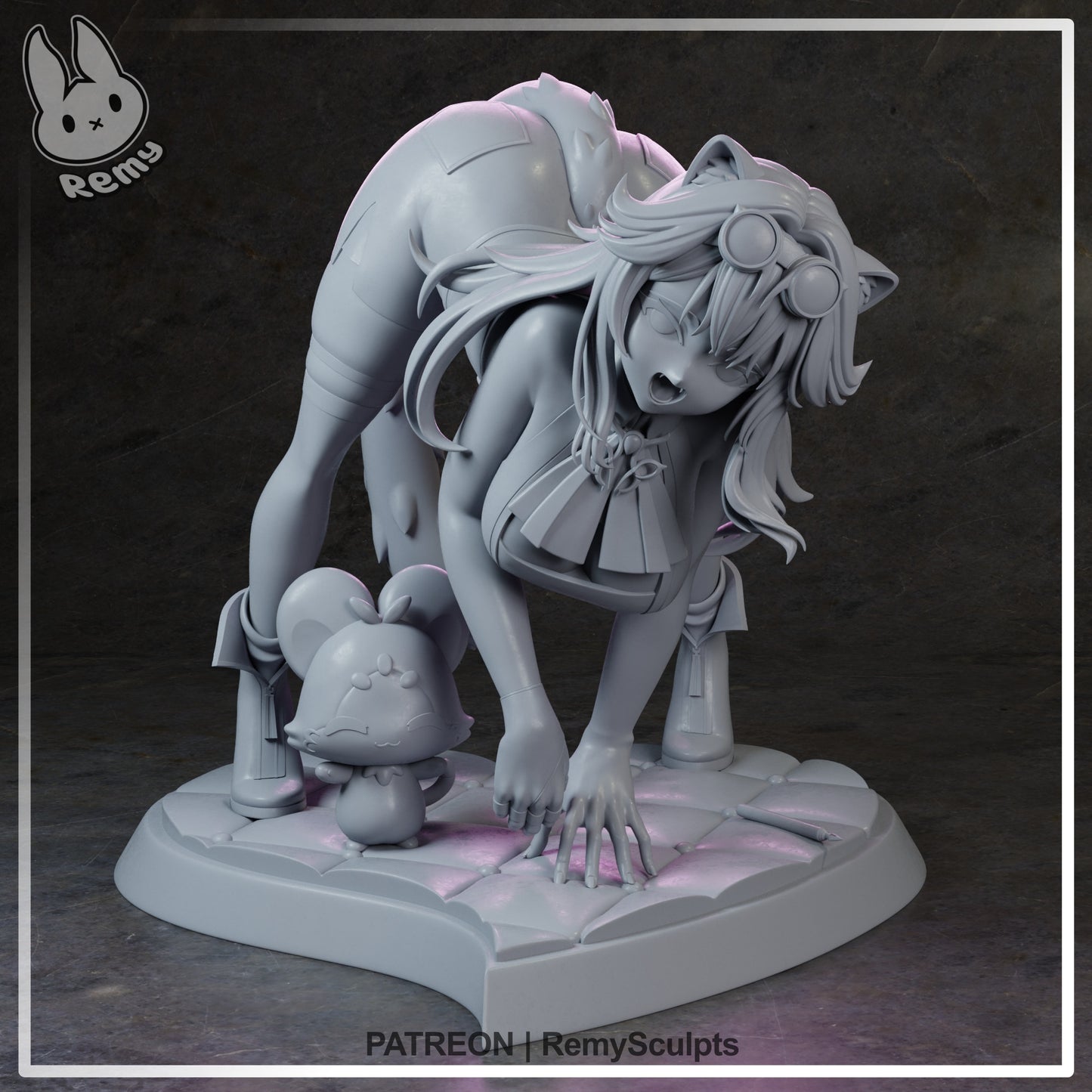 Raora Panthera unpainted Hololive 1:7 scale figure showing crouched pose, sculpted hair, goggles, tail, and textured base details