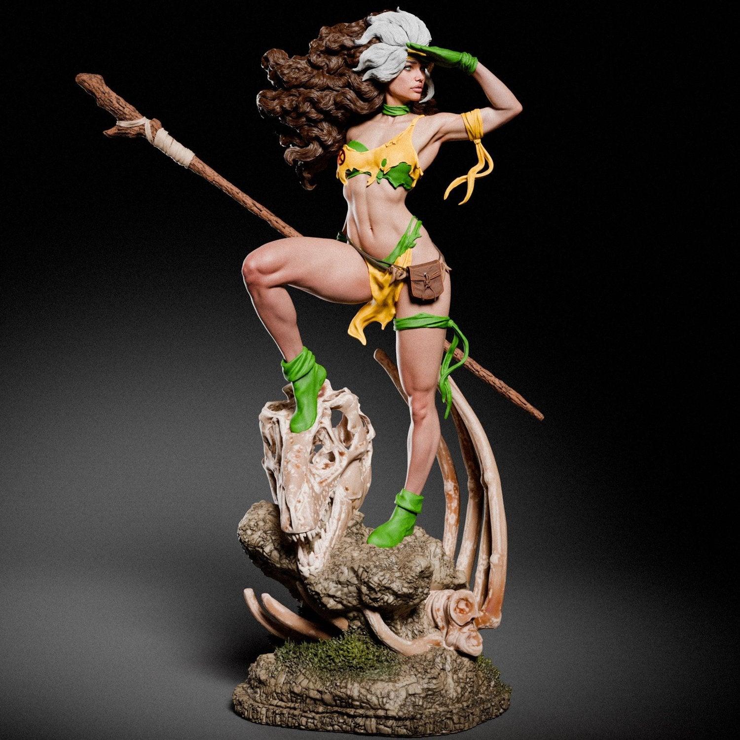 Rogue Savage posed with a spear atop a dinosaur skull, in a dynamic stance with flowing hair, wearing her iconic Savage Lands outfit.