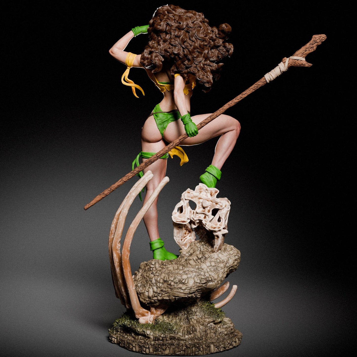 Back view of Rogue Savage, holding a spear and standing atop a dinosaur skull, showcasing her detailed hair and stance.