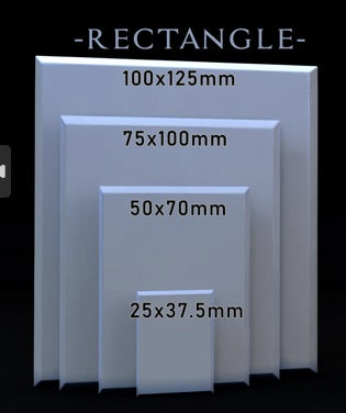 Display of rectangular bases, available in sizes from 25x37.5mm to 100x125mm, ideal for TTRPG character bases.