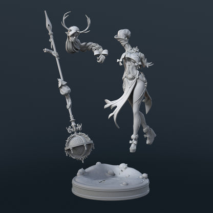 Carol Wood Elf miniature parts layout showing separate head, braided hair piece, staff with ritual orb, body, and scenic base components for assembly and painting