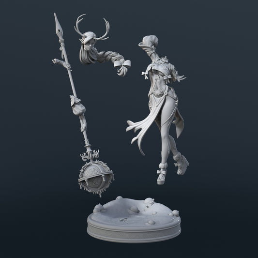 Carol Wood Elf miniature parts layout showing separate head, braided hair piece, staff with ritual orb, body, and scenic base components for assembly and painting