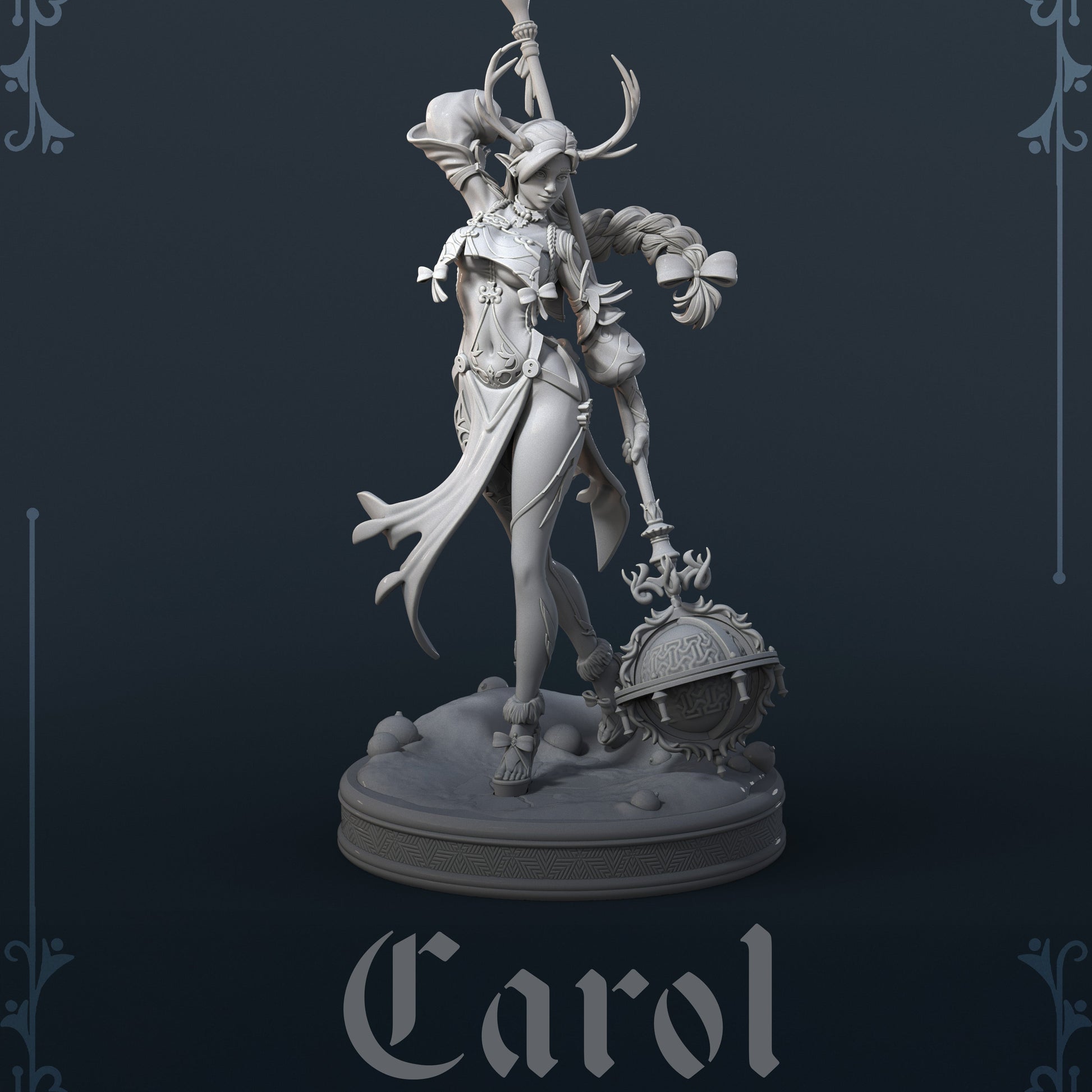 Wood Elf female miniature named Carol, standing in motion with antlered headpiece, long braided hair, flowing layered garments, and a tall ritual staff ending in a carved orb, posed on a snowy forest base