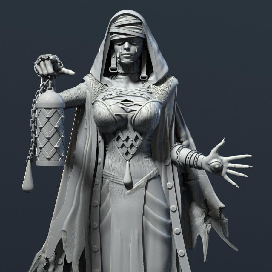 A mystical sorceress figure in detailed robes, holding a lantern, with a veiled face and layered jewelry, perfect for dark fantasy TTRPG adventures.