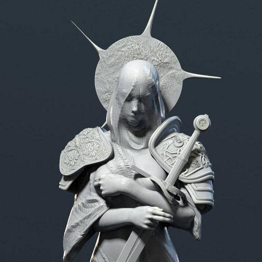 A figure in detailed armor, holding a sword with a celestial halo behind her, posed in a somber stance, ideal for dark fantasy TTRPG encounters.