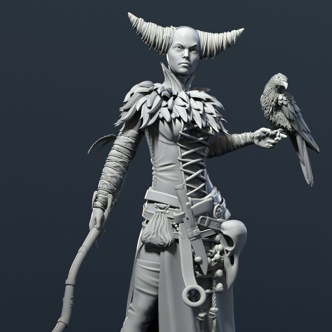 A powerful sorceress figure with horn-like hair, layered attire, holding a staff with feathers, and a crow perched on her hand, suited for dark fantasy tabletop RPG scenarios.