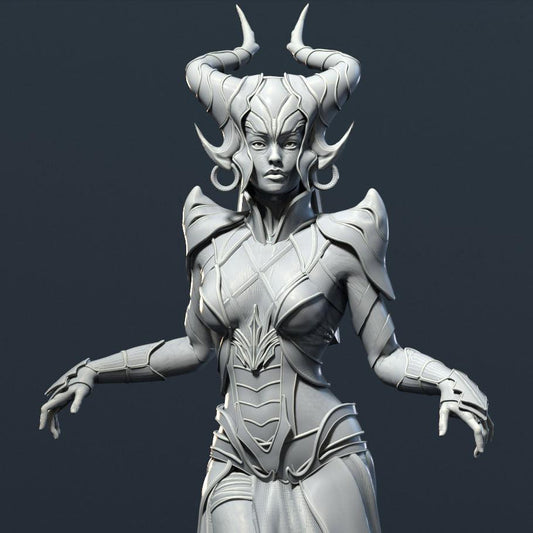 A sorceress in detailed armor and a flowing robe, adorned with twisted horns, posed in a commanding stance, suitable for dark fantasy TTRPG scenarios.