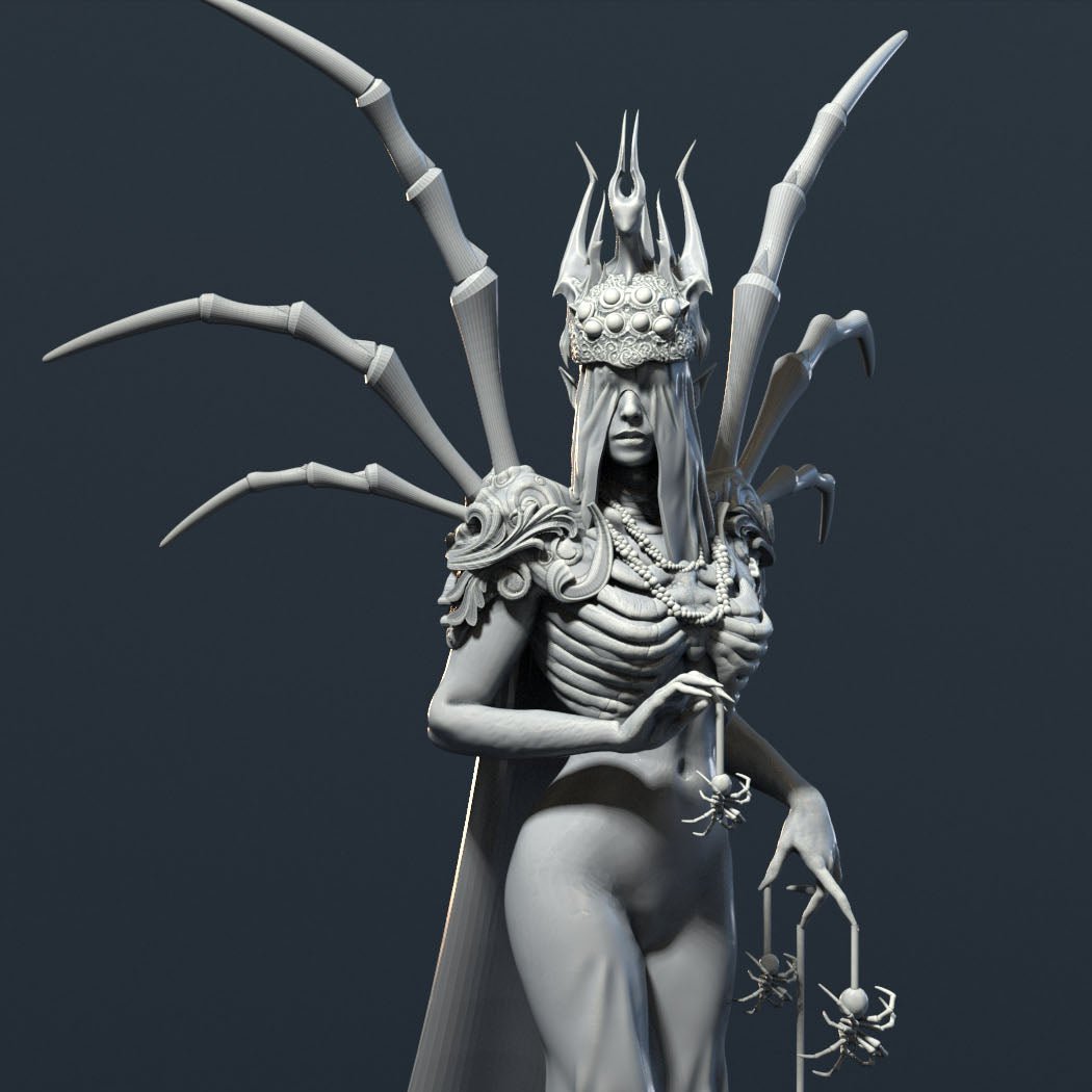 A mysterious figure with skeletal armor, clawed spider legs, and a spider-themed headdress, holding hanging spiders delicately, designed for dark fantasy tabletop RPG settings.