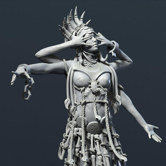 A necromancer figure adorned with chains, charms, and an elaborate headdress, posed dramatically with hands partially covering her face, suited for dark fantasy tabletop RPG settings.