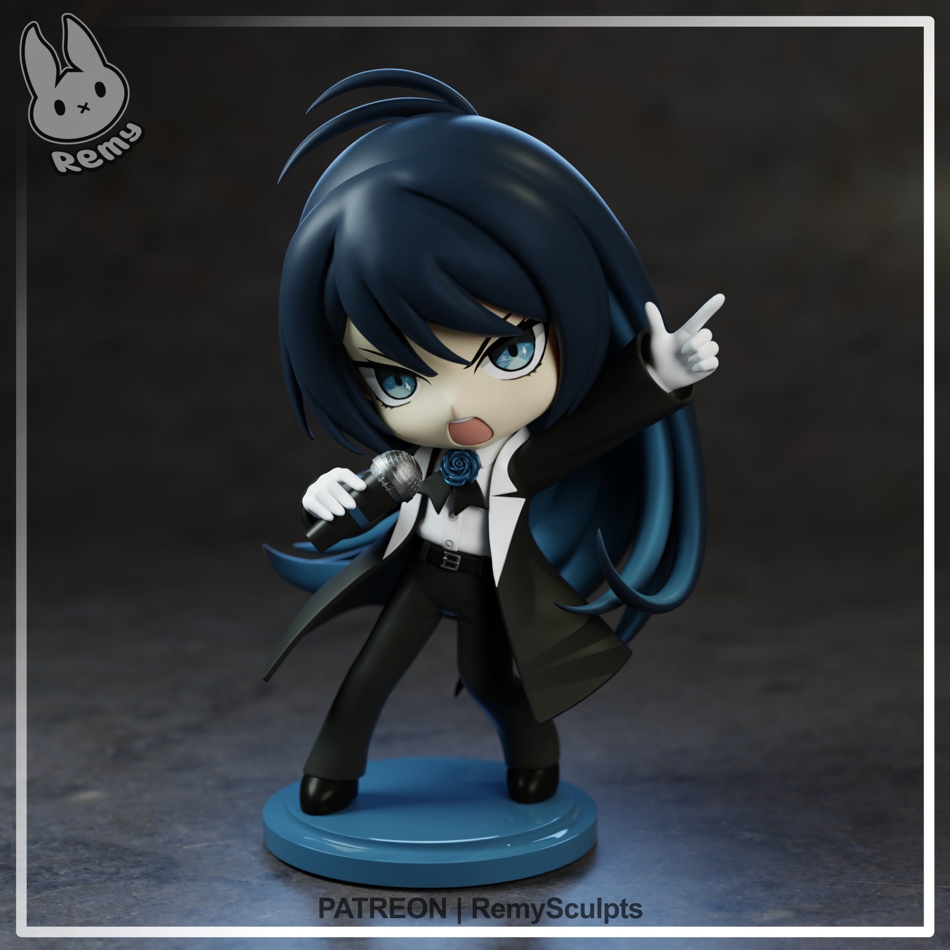 Chibi Ado collectible figure holding a microphone, arm raised while performing, stylized chibi singer character with long flowing hair, stage pose display figure