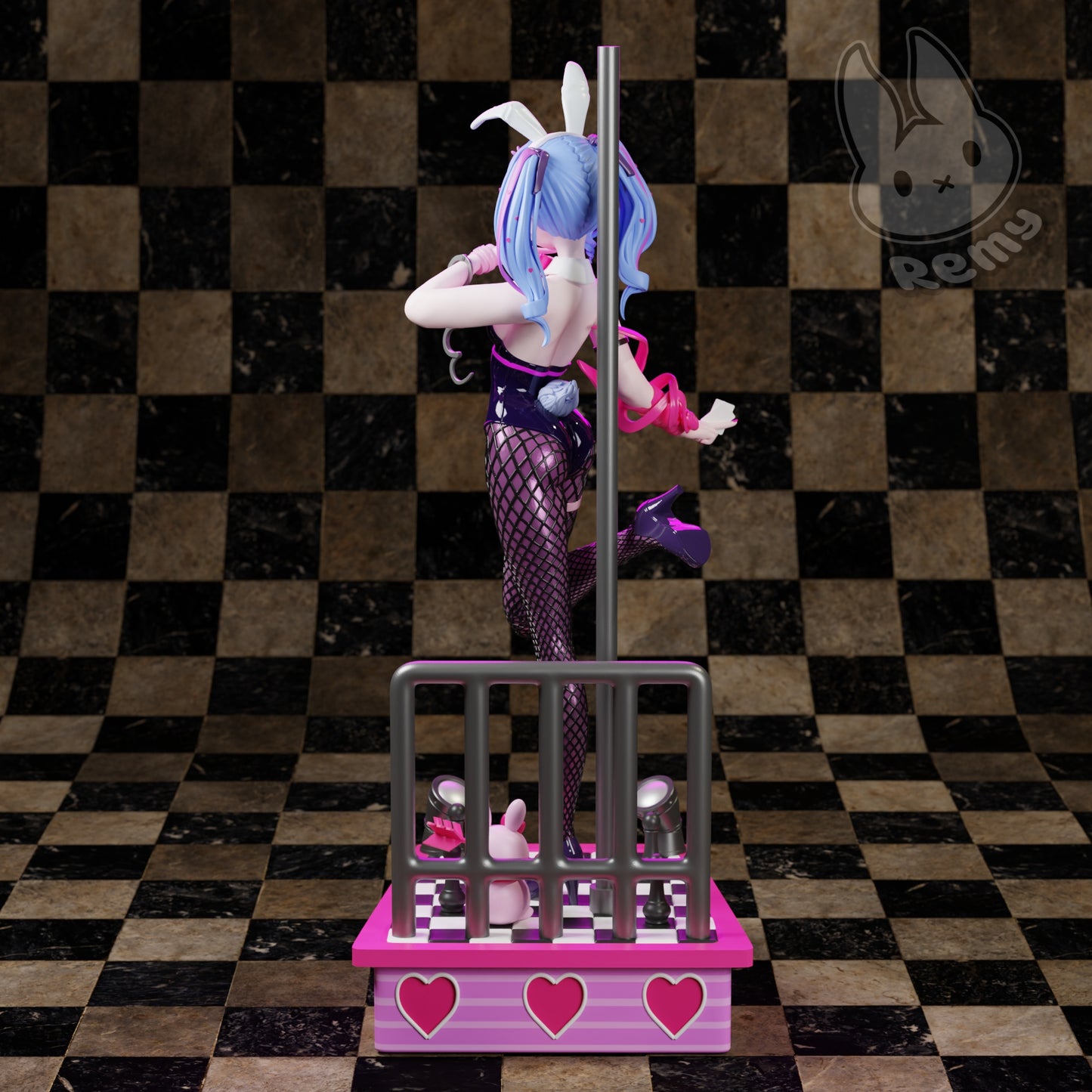 Rabbit Hole Miku bunny performer rear view collectible figure showing fishnet legs pole dance pose and stage base details