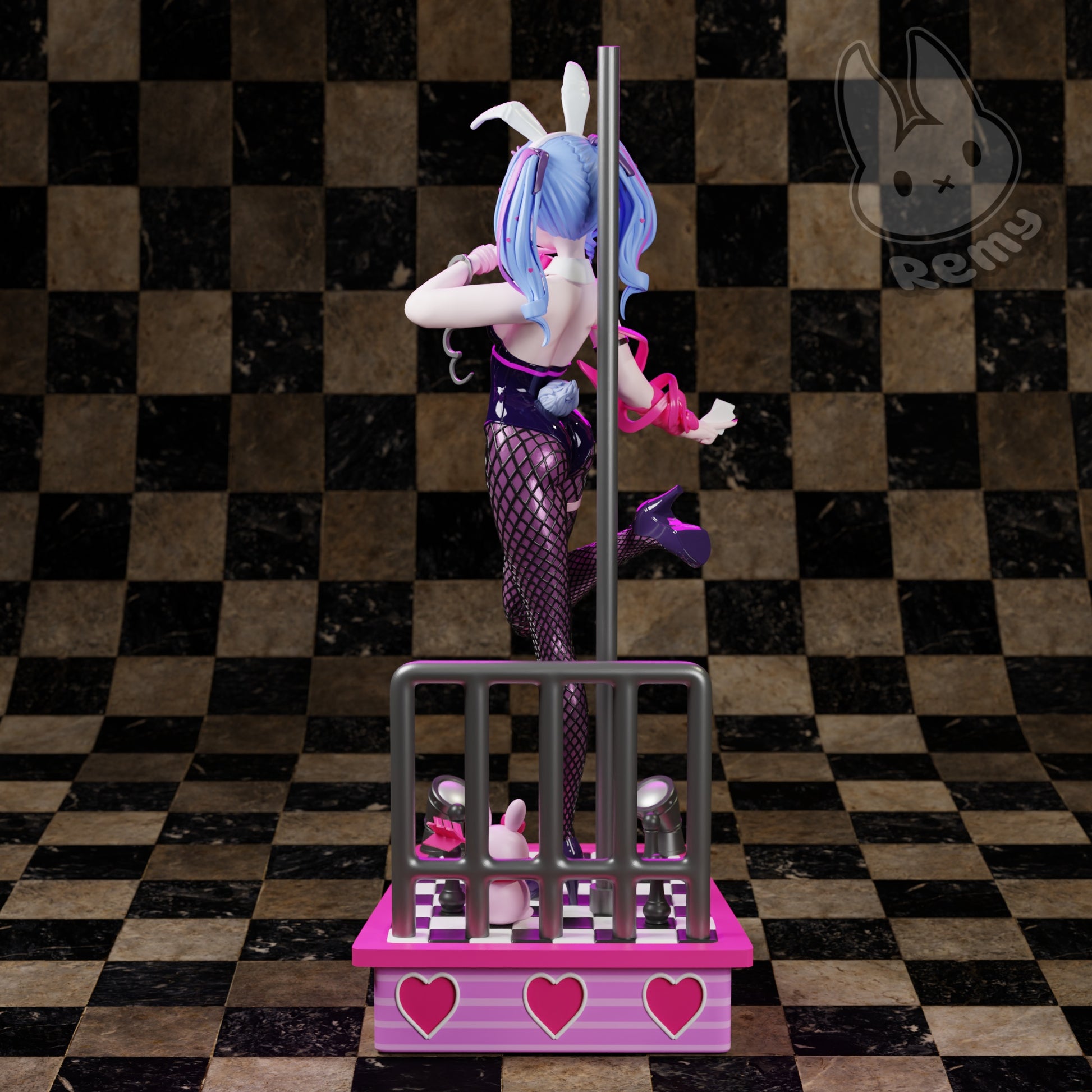 Rabbit Hole Miku bunny performer rear view collectible figure showing fishnet legs pole dance pose and stage base details