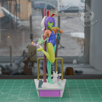 Rabbit Hole Miku unpainted 1:7 scale collectible figure physical print preview showing assembled pose and base