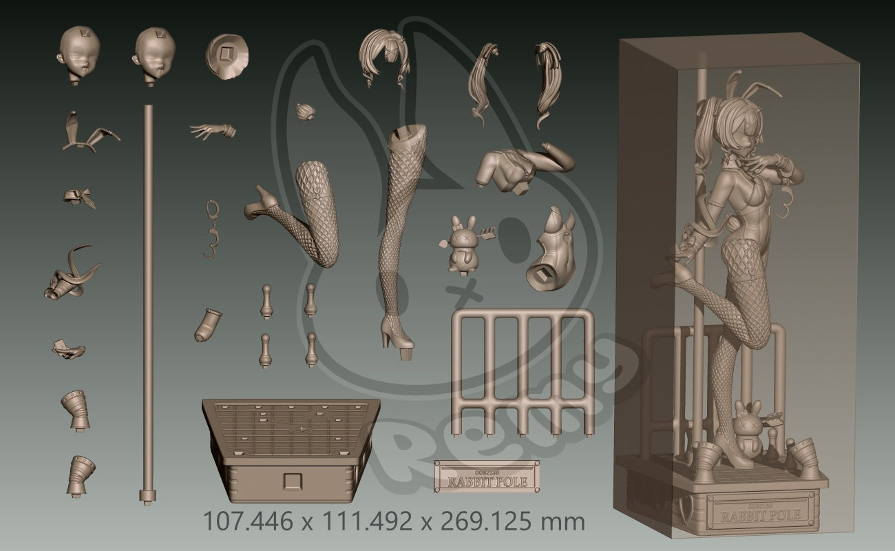 Rabbit Hole Miku collectible figure parts breakdown showing head options hair pieces limbs accessories pole and base components