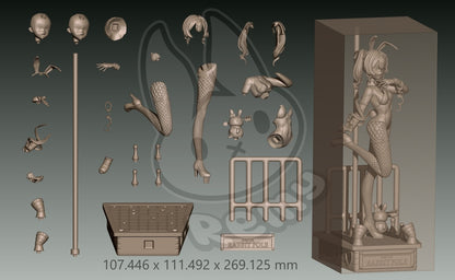 Rabbit Hole Miku collectible figure parts breakdown showing head options hair pieces limbs accessories pole and base components
