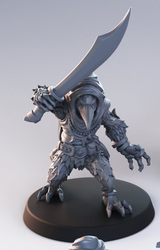 Kenku warrior miniature wielding a curved sword, posed in a forward combat stance with avian armor and clawed feet for tabletop RPG use.