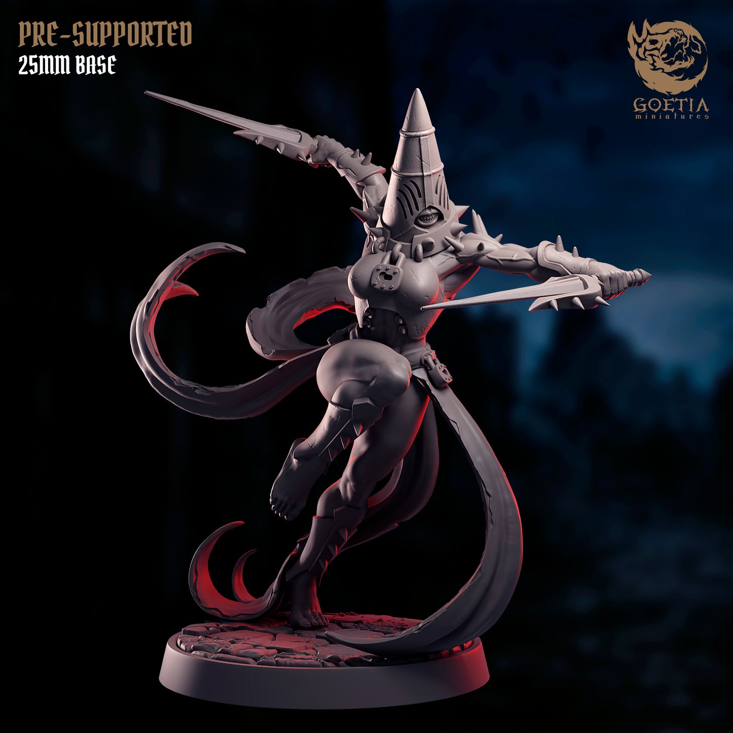 Mutated humanoid monster miniature wielding dual blades, twisted posture with flowing corrupted appendages, religious fanatic horror figure, dark fantasy miniature Skirmish Blood in Phaldar
